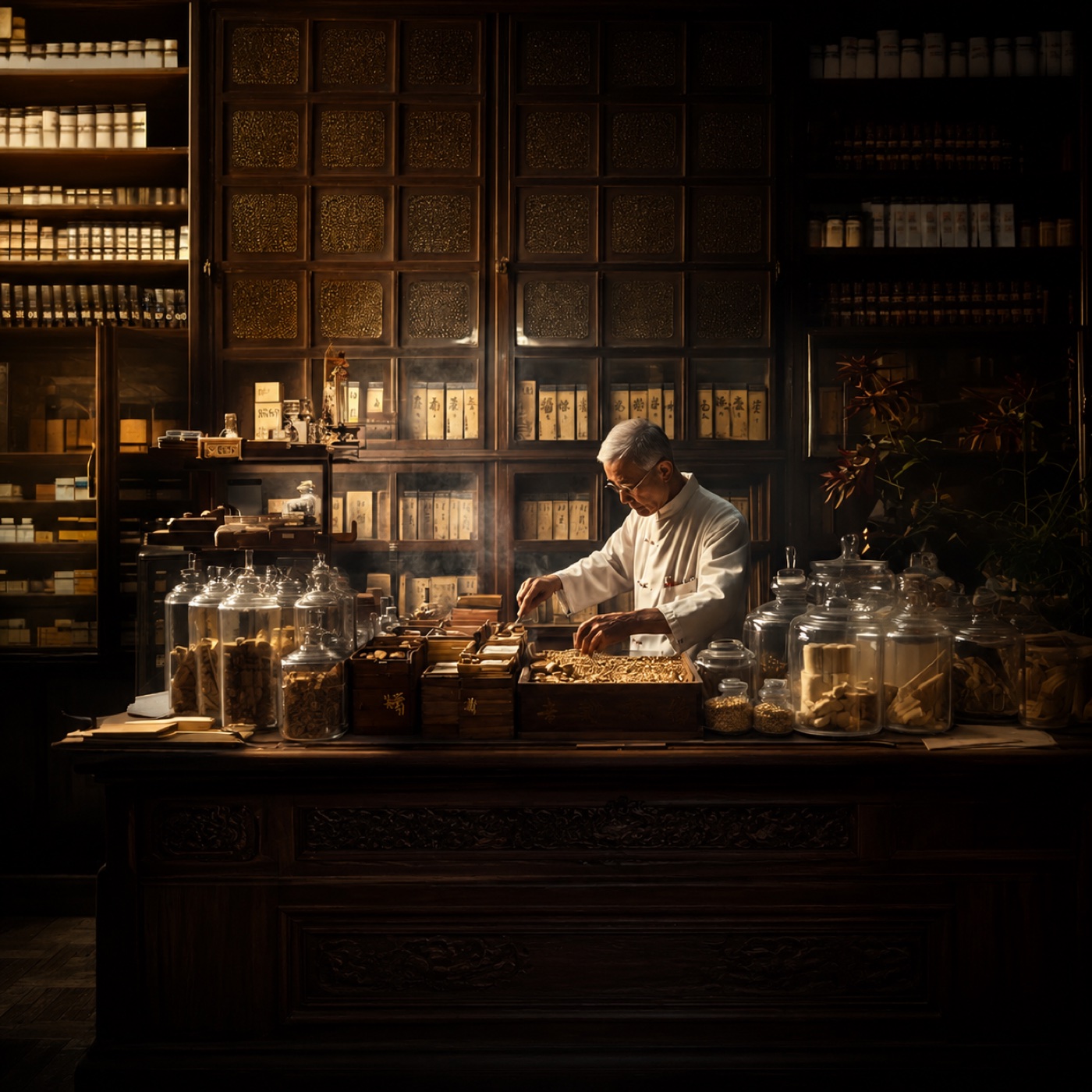 ร้านขายยาจีนโบราณ เภสัชกรกำลังชั่งตวงและจัดสมุนไพรจีน